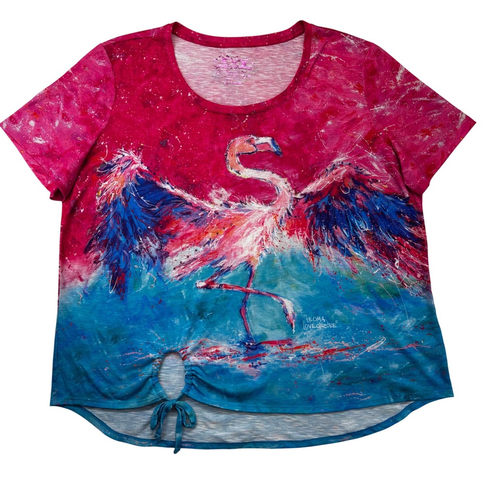 Leoma Lovegrove T-Shirt Lot Women XXL Pink Blue Flamingo Eagle Art Tie Front - Picture 2 of 13